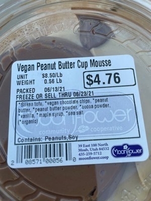 Vegan peanut butter and chocolate mousse from food co-op in Moab Utah
