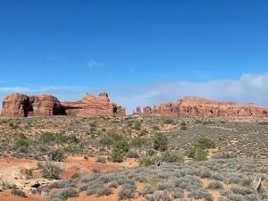 Grey-green ssgrbtush in the foreground with large orange rock formations in the distant background